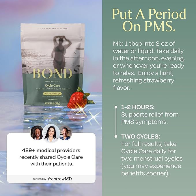 BOND Cycle Care - PMS Support Supplement for Women, Root Cause Period Relief, Menstrual Cramps, Mood Support, Cortisol Manager - Ashwagandha, Magnesium Glycinate, B Vitamins, Probiotics - 28 Servings