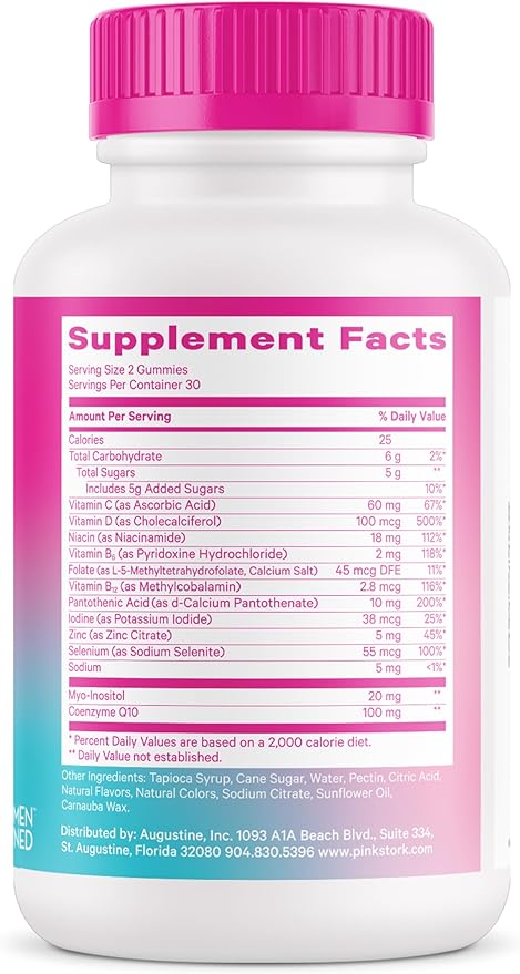Pink Stork Premium Fertility Gummies for Women - Prenatal Conception Supplements for Her with Inositol, CoQ10, Folate and Vitamins to Support Hormone Balance, Ovulation + Menstrual Cycle, 60 Gummies