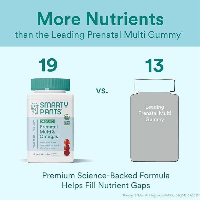 SmartyPants Organic Prenatal Vitamins for Women, 3 (ALA), D3, C, B12, B6, B6, Vitamin K2 & 120 Count (30 Day