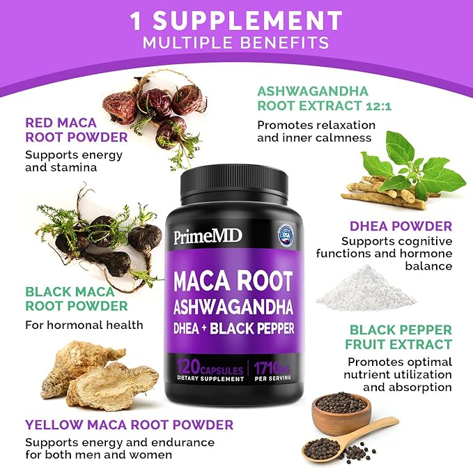 PrimeMD 6-in1 Organic Maca Root Ashwagandha Capsules 1710mg with DHEA and Black Pepper Fruit Extract - Maca Root Capsules for Women and Men - Stamina, Bone and Mood Support Supplement, 360ct (3 Pack)