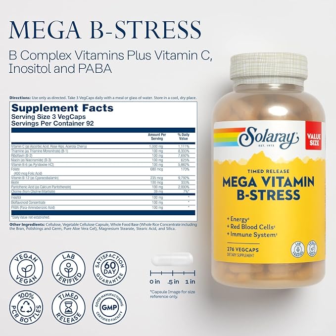 SOLARAY Mega Vitamin B-Stress B12, B6, B6, Folic 60-Day Guarantee (276 CT)