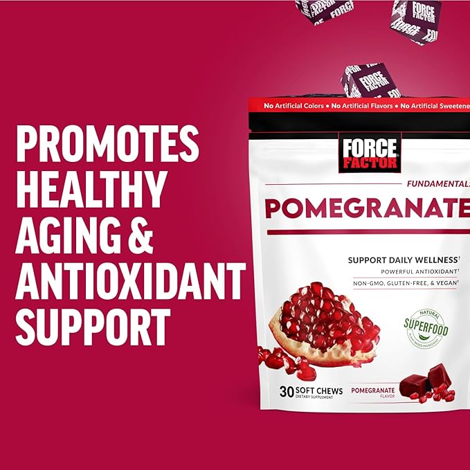 Force Factor Pomegranate Soft Chews for Healthy Aging, Heart Health, Bone Health, & Brain Health, Superfood & Antioxidants Supplement, Non-GMO, Gluten-Free, Vegan, Pomegranate Flavor, 30 Soft Chews
