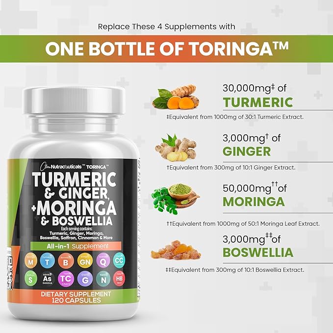 Turmeric Curcumin 30000mg Ginger 3000mg Moringa 50000mg Boswellia 3000mg Saffron 2000mg - 120 Caps