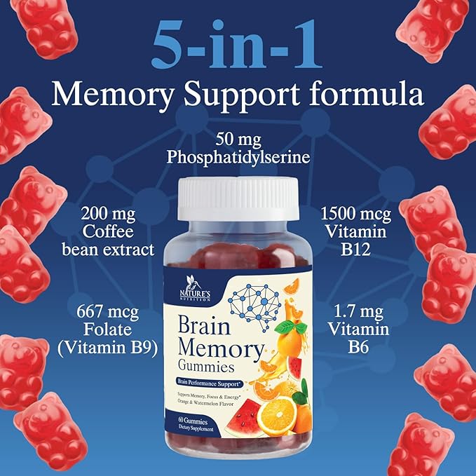 Brain Supplement Gummy for Memory, Focus B6 B12, B12, Caffeine 60 Gummies