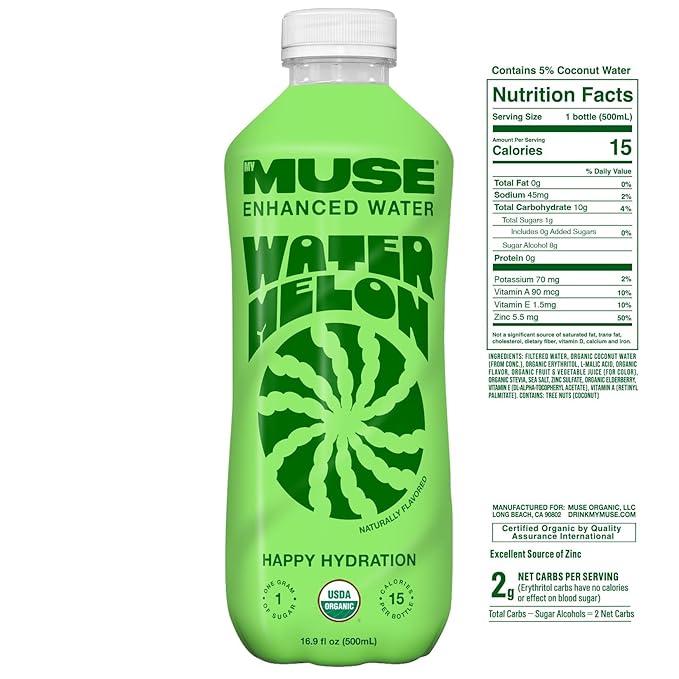 MyMuse Organic Enhanced Flavored Water, Watermelon, 16.9oz Bottle (12 pack), 1G of Sugar, Immune Support with Zinc & Elderberry, Antioxidants Vitamin E, Low Calories, Healthy, USDA organic, Keto Friendly