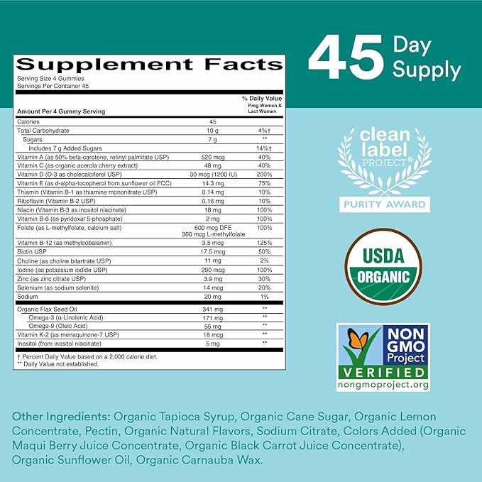 SmartyPants Organic Prenatal Vitamins for Women, 3 (ALA), D3, C, B12, B6, B6, Vitamin K2 & 180 Count (45 Day