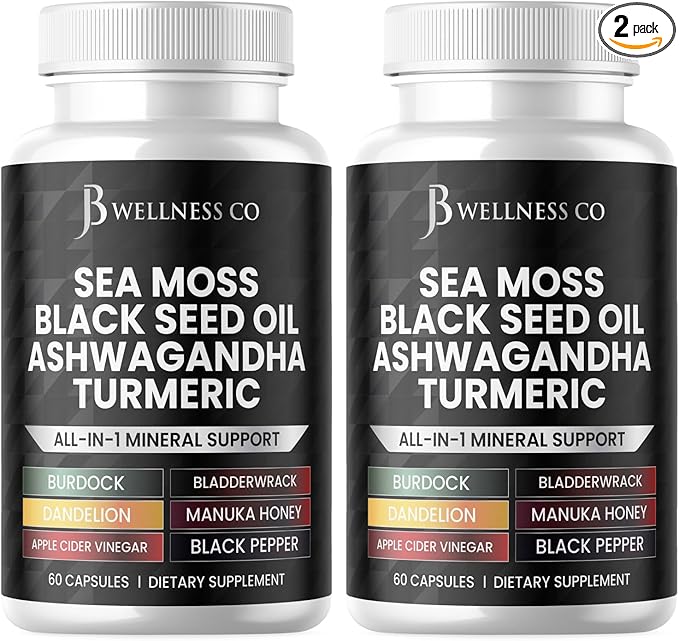 Sea Moss 3000mg Black Seed Oil 2000mg Ashwagandha 1000mg Turmeric 1000mg Bladderwrack 1000mg Burdock 1000mg & D3 with 120 Count