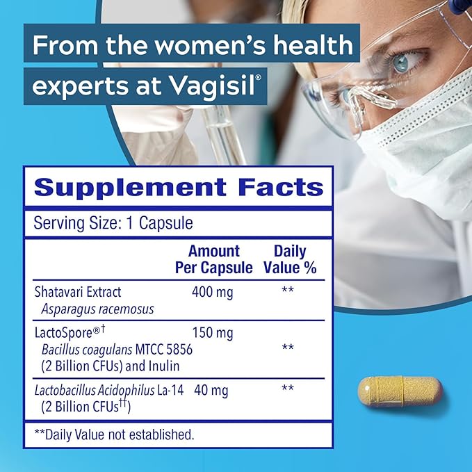 Vagisil Vaginal Health Supplements, Clinically-Proven Probiotics, Promotes Vaginal Health, Clean Ingredients, Helps Balance Vaginal pH, Just 1 Capsule Daily, 30 Capsules