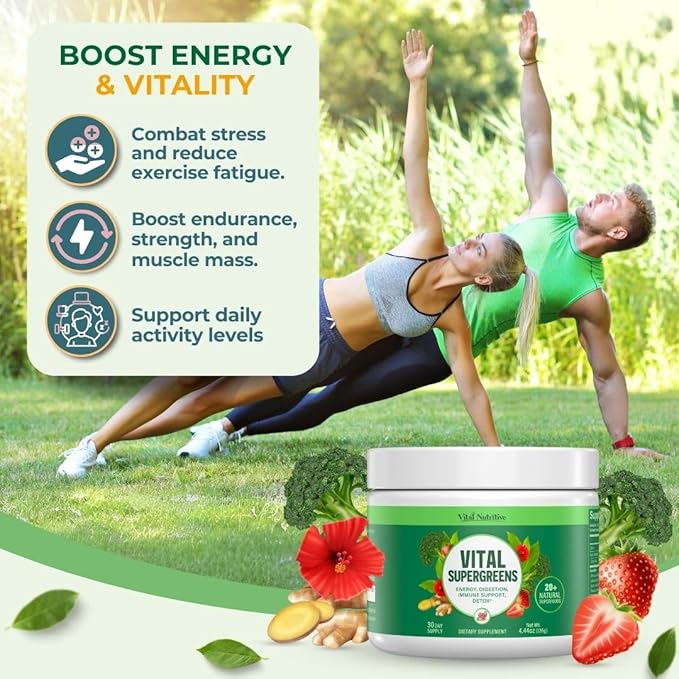 Vital Greens Superfood Powder - Daily Green Drink Powder with Probiotics and Superfoods - Supergreens for Energy Boost, Gut Health, Digestion Support, Plant-Based Nutrition, Vegan Superfoods