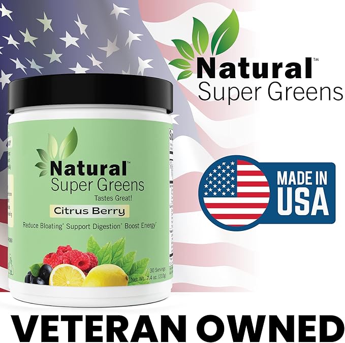 Natural Super Greens Powder Organic Supplements| Great Tasting Fruits and Vegetables Juice & Smoothie Mix| Probiotics & Digestive Enzymes| Green Superfood Spirulina & Chlorella (Citrus Berry)