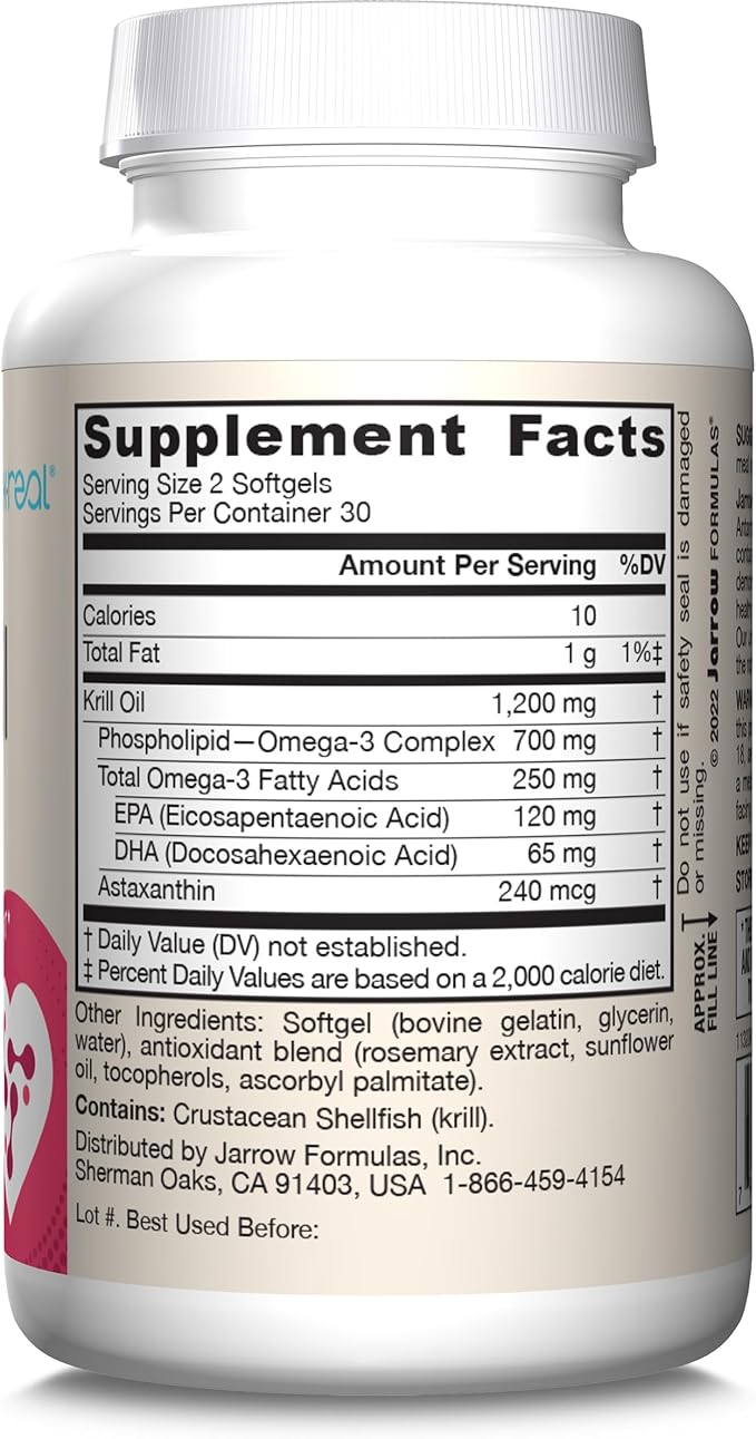 Jarrow Formulas Krill Oil - Phospholipid Omega-3 Complex with Astaxanthin - 60 Softgels - 30 Servings - Supports Lipid Management, Metabolism, Brain & Heart Health - EPA & DHA - Gluten Free - Non-GMO