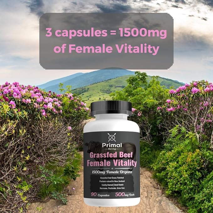 Primal Being Grassfed Beef Female Vitality Supplement- Supports Hormonal Health, Fertility, Inflammation, Energy - 90 Capsules, 1500mg per Serving