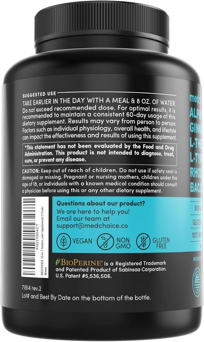 12-in-1 Nootropic Brain Supplement with Caffeine B12, Alpha 1321mg (60ct) (60ct)