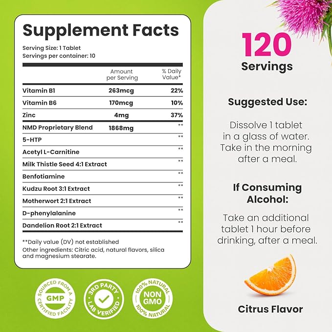 NoMoreDrinks Anti Alcohol Craving Supplement | Liver Detox & Combat Cravings | Energy Support Alcohol Replacement Drink | Organic Milk Thistle Supplement & Dandelion Root & 5HTP | (120) Energy Pills