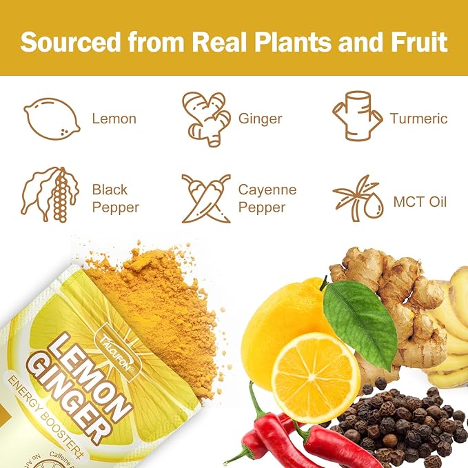 Lemon Ginger Blend Superfood Powder with MCT Oil, Turmeric, Ginger, Ture Lemon Powder, Acacia Fiber Powder, Cayenne Powder, Black Pepper Powder All Natural, Caffeine-free 3Oz (85G)