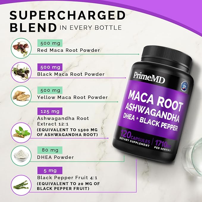 PrimeMD 6-in1 Organic Maca Root Ashwagandha Capsules 1710mg with DHEA and Black Pepper Fruit Extract - Maca Root Capsules for Women and Men - Stamina, Bone and Mood Support Supplement, 360ct (3 Pack)