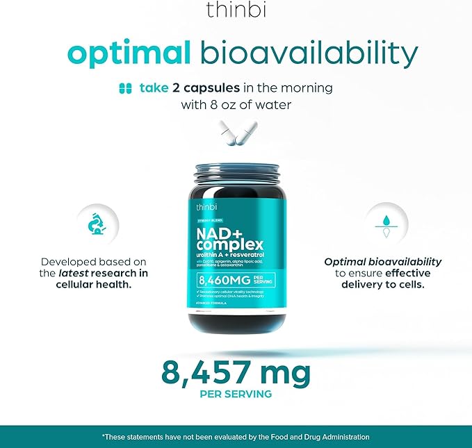 NAD Supplement 8457 mg – Extra Strength NMN Alternative Liposomal NAD+ for Women & Men w/ Urolithin A, Resveratrol, CoQ10, Alpha Lipoic Acid- Energy, Anti-Aging, Cell Regeneration 30-Day Supply Thinbi
