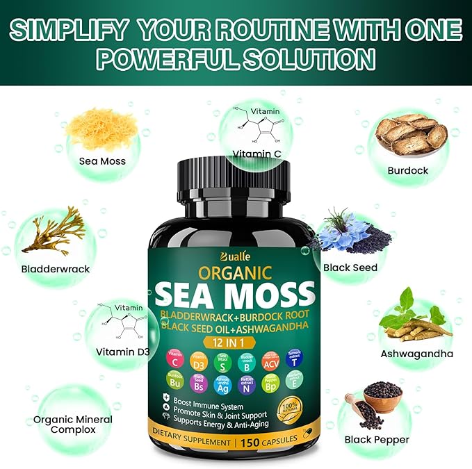 Organic Sea Moss Capsules with Sea Moss,Black Seed Oil,Ashwagandha,Bladderwrack,Ginger,Burdock Root for Immune System,Skin,Energy Support-150 Capsules (1 Pack)