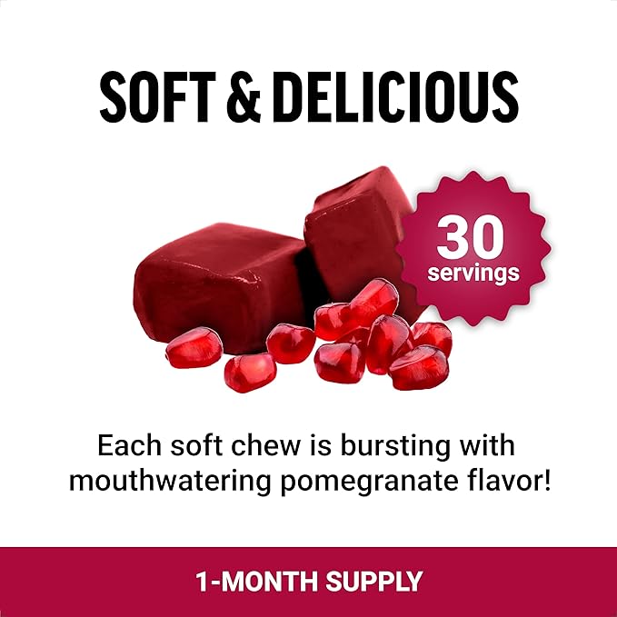 Force Factor Pomegranate Soft Chews for Healthy Aging, Heart Health, Bone Health, & Brain Health, Superfood & Antioxidants Supplement, Non-GMO, Gluten-Free, Vegan, Pomegranate Flavor, 30 Soft Chews