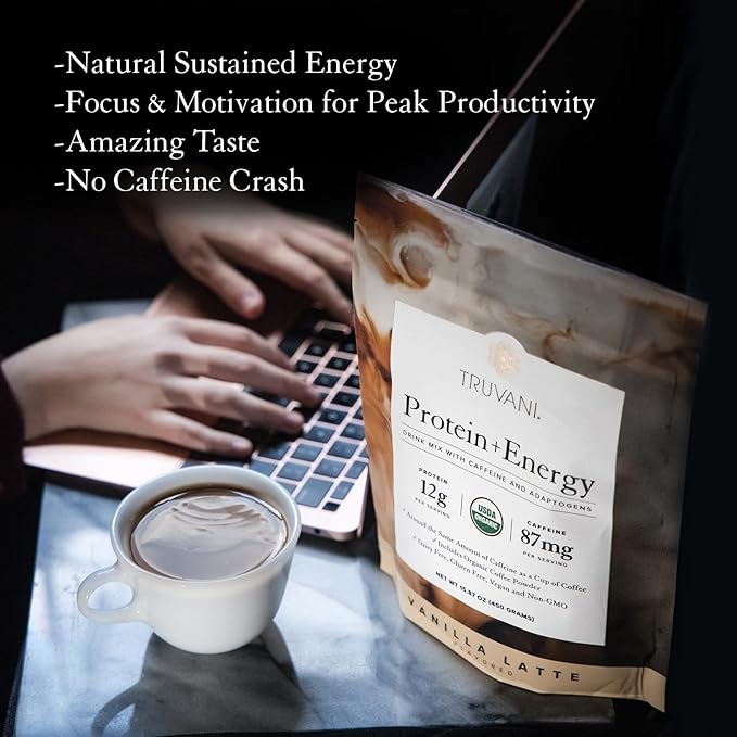Truvani Protein + Energy Drink Mix 87mg Caffeine 12g Protein 20 Servings