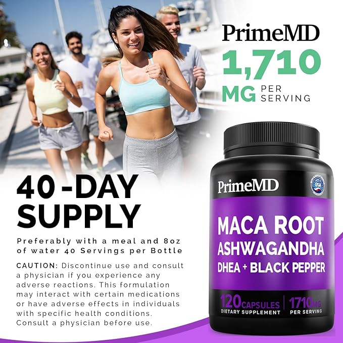 6-in-1 Organic Maca Root Ashwagandha Capsules 1710mg with DHEA and Black Pepper Fruit Extract - Maca Root Capsules for Women and Men - Stamina, Bone and Mood Support Supplement, 120ct (40 Servings)