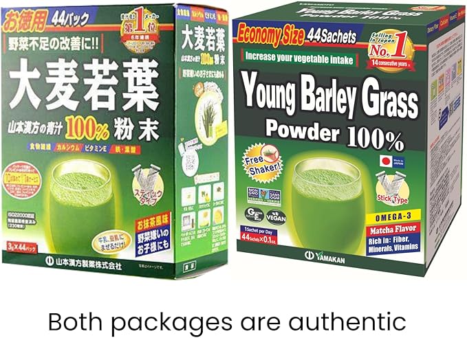 Yamamoto 山本漢方製薬株式会社 Kanpoh Barley Grass Powder, 100% Green Superfood, Japan's Green Juice for Health & Vitality, Rich in Vitamins & Minerals, Non-GMO, Vegan, 44 Sachet