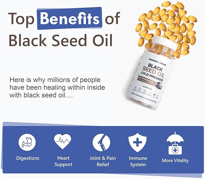 ORGANICS NATURE Black Seed Oil Capsules 1000MG Vegan Softgels, for Hair & Skin, Heart Support, Nigella Sativa - 100% Cold Pressed Cumin Seed Oil Capsules High Thymoquinone, Omega 3s