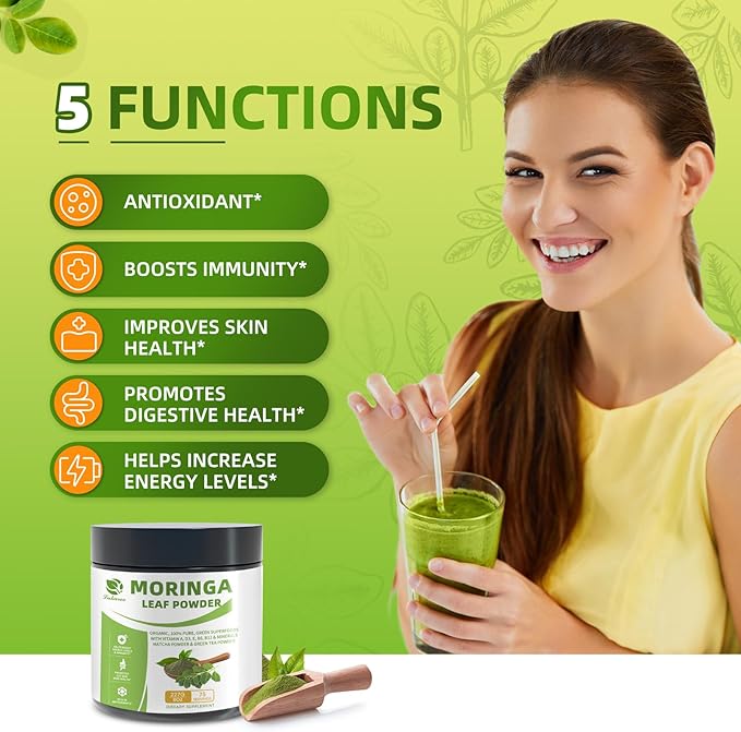 Organic Moringa Powder, Green Superfoods with Matcha Powder Green Tea Powder Resveratrol - Rich in Antioxidants and Vitamin A D3 E B6 B12, Digestive and Immune Support - Non-GMO, Vegan, 8 oz, 2 Pack