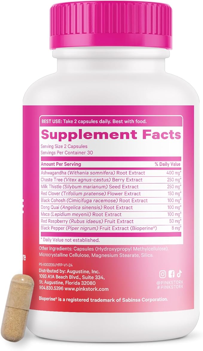 Pink Stork Menopause Supplements for Women - 9 Clinically-Studied Herbs for Perimenopause, Hot Flashes, and Hormone Balance - Ashwagandha, Vitex, Maca Root, Black Cohosh - 60 Capsules