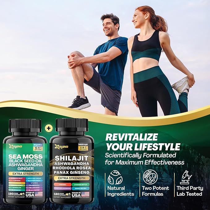 Zoyava Dynamic Vitality Bundle, Sea Moss 7000mg, Black 4000mg, Ashwagandha 2000mg, Ginger 9000mg, Rhodiola 1000mg, Panax (3 Pack)