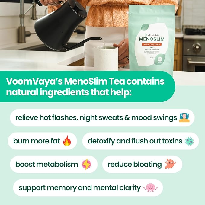 VoomVaya MenoSlim w/Black Cohosh for Menopause - Hormone Balance Supplements for Women - Relief for Bloating, Hot Flashes, Fatigue, Meno-Belly - Apple Cinnamon - 30 Teabags