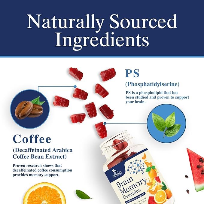 Brain Supplement Gummy for Memory, Focus B6 B12, B12, Caffeine 60 Gummies