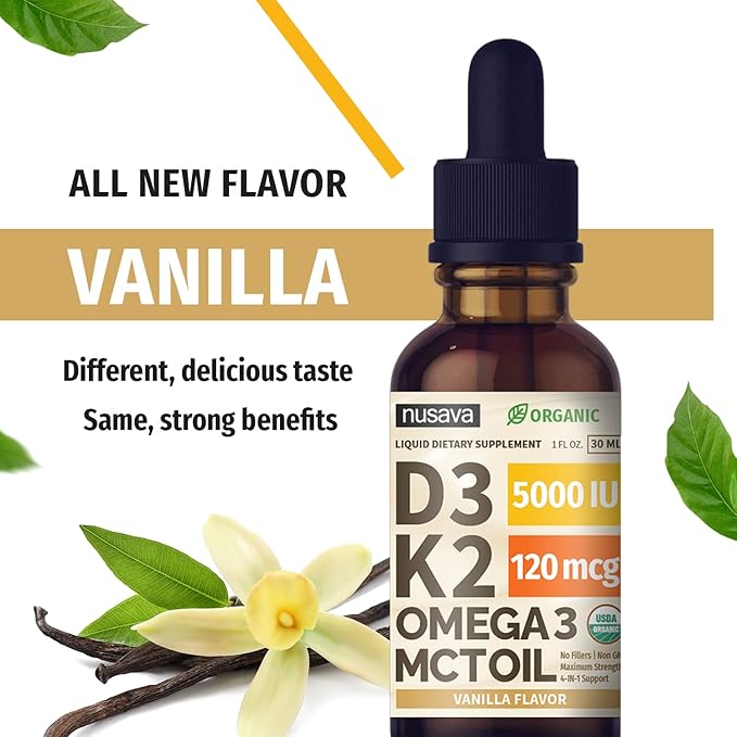 (2 Pack) Organic Vitamin D3 K2 Drops with MCT Oil Omega 3, 5000 IU - Maximum Strength Vitamin D Liquid, No Fillers, Non-GMO Liquid D3 for Faster Absorption and Immune Support (Vanilla, 4 Fl Oz)