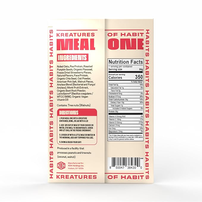 Kreatures of Habit Meal One | Overnight & Instant Superfood Protein Meal Replacement | Gluten Free, Dairy Free, 30g of Plant Based Protein, With No Added Sugar | Strawberry Walnut Cream | Pack of 7