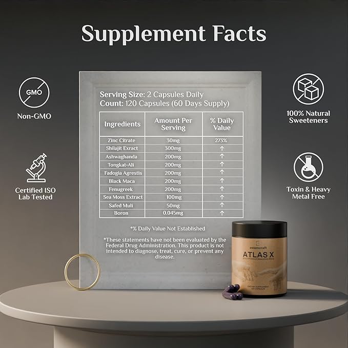 ATLAS X 10-in-1 Masculinity Maximiser Supplement for Men - Energy, Strength & Vitality Capsules with Shilajit, Ashwagandha, Zinc, Safed Musli, Tongkat Ali, Black Maca, Fadogia Agrestis, 2 Month Supply