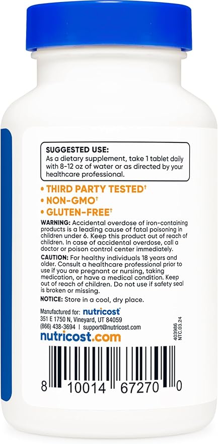 Nutricost Iron (As Ferrous Sulfate) 65mg, 240 Tablets - Non-GMO, Gluten Free