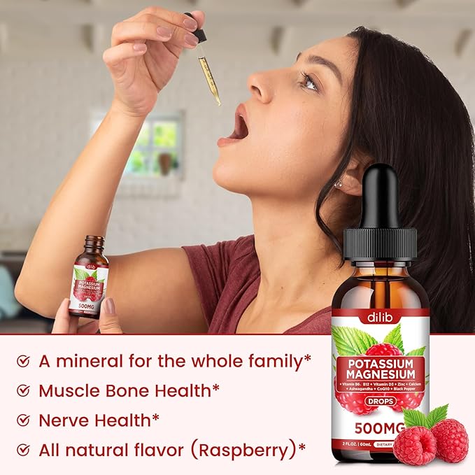 Potassium Magnesium Citrate Supplement, Liquid Magnesium Citrate Drops 500mg with Ashwagandha, Calcium, Zinc, Vitamin D3, B6, B12, CoQ10 - Vegan 2 fl oz Raspberry Flavor