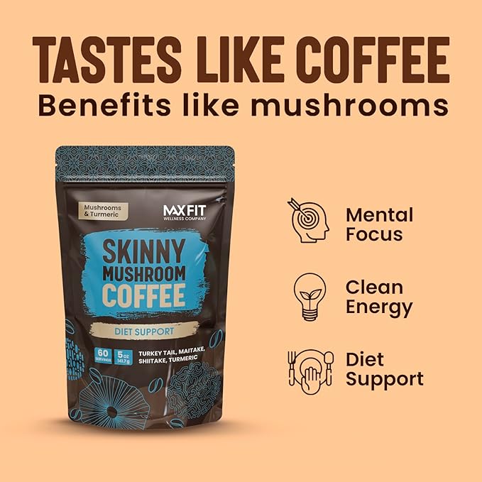 Skinny Instant Mushroom Coffee Organic (60 Servings) Mental Focus Plus Diet Support - Turkey Tail, Maitake, Shiitake & Turmeric, Mixed With Gourmet 100% Arabica Medium Roast Instant Coffee