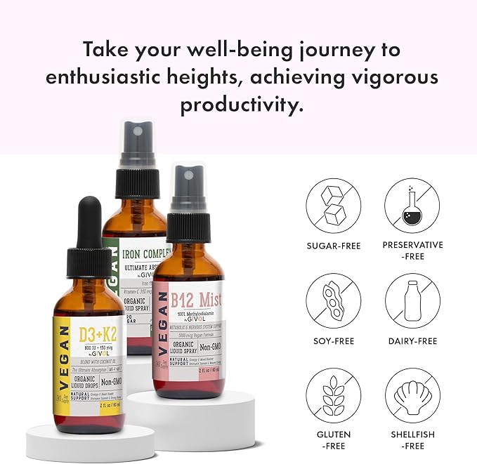 Energy & Vitality Bundle Liquid Vitamin B12 Methylcobalamin, D3 (Lichen) K2 (MK4 (MK4 & MK7), Non-GMO, 2 Fl (60 ml) 540 Days