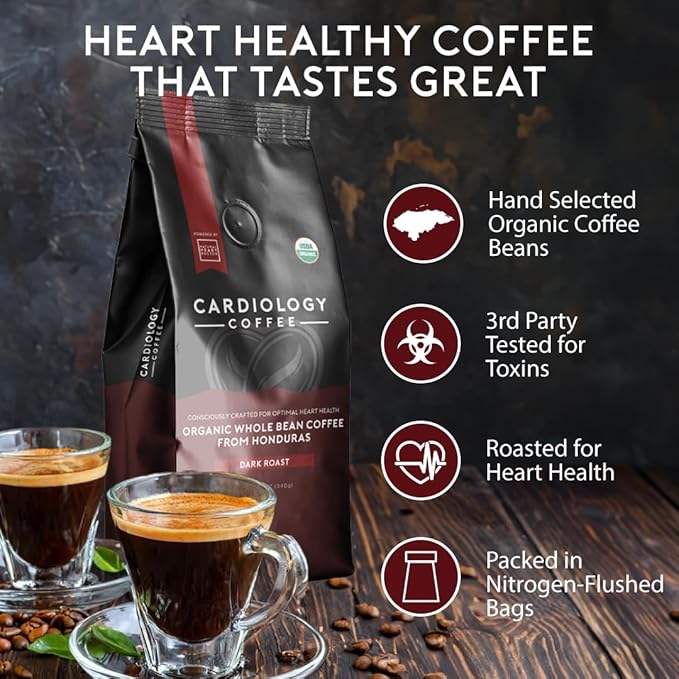 Heart Healthy Coffee - Organic Mold Free Coffee Whole Bean Dark Roast - USDA Certified Hand-Selected Honduras Cardio Coffee - Non-GMO Tested for Mycotoxins & Pesticides - 12oz
