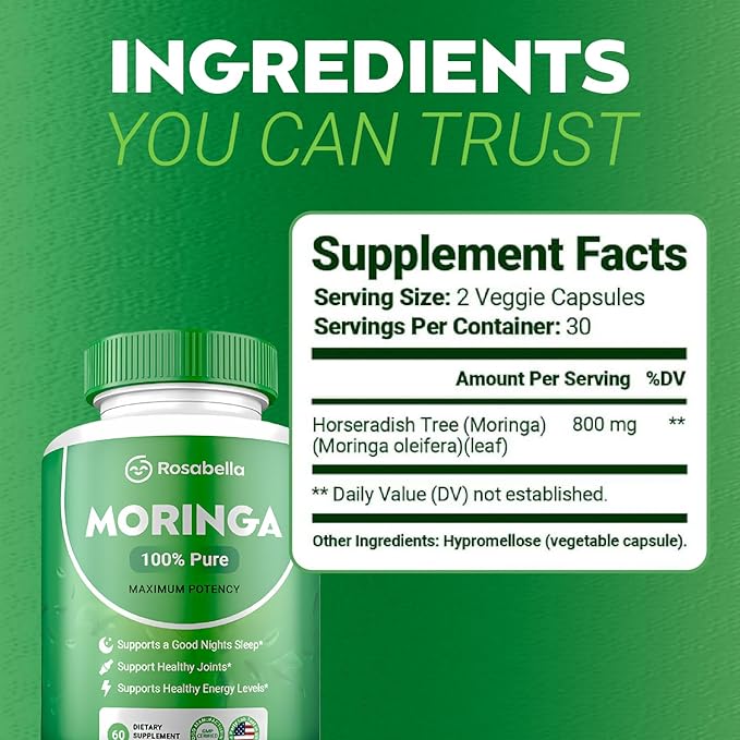 Moringa Powder Capsules - Pure Nutrient-Rich Moringa Powder - A Natural Green Antioxidant Superfood - Supports Energy, Skin Health, Gut Health+ - w/Essential Vitamins & Amino Acids A1 - Pack of 2