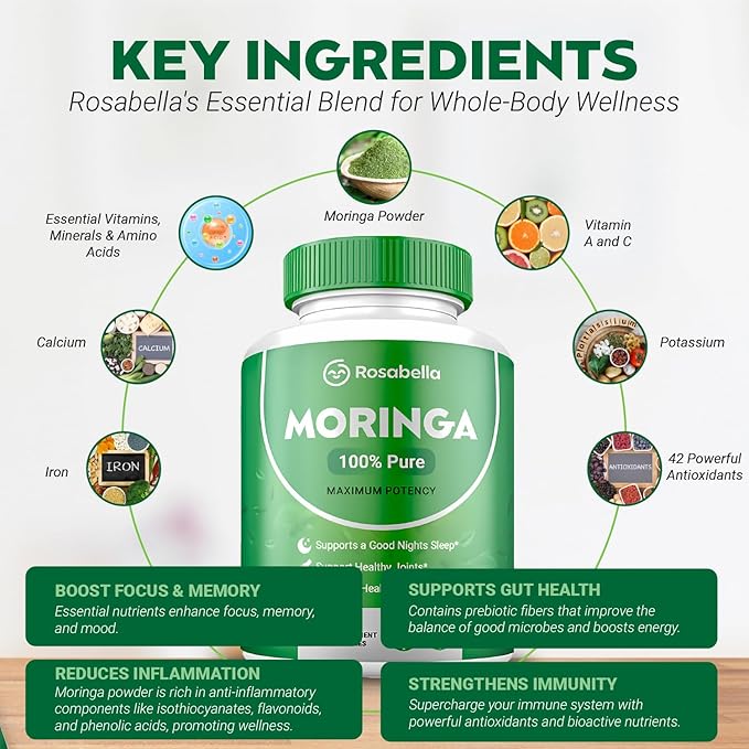Moringa Powder Capsules - Pure Nutrient-Rich Moringa Powder - A Natural Green Antioxidant Superfood - Supports Energy, Skin Health, Gut Health+ - w/Essential Vitamins & Amino Acids A1 - Pack of 2