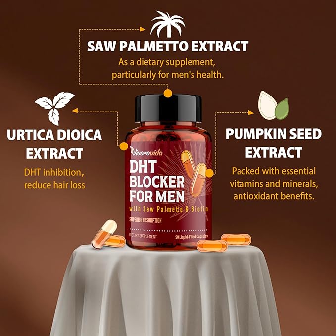 DHT Blocker for Men | Hair Growth Supplement with Saw Palmetto & Biotin - Hair Growth Vitamins - Hair Regrowth - Natural Hair Loss Supplements Liquid-Filled - Proprietary Herbal Blends (90 Capsules)