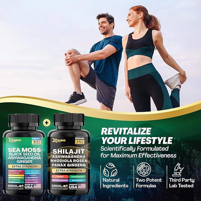 Zoyava Dynamic Vitality Bundle, Sea Moss 7000mg, Black 4000mg, Ashwagandha 2000mg, Ginger 9000mg, Rhodiola 1000mg, Panax (2 Pack)
