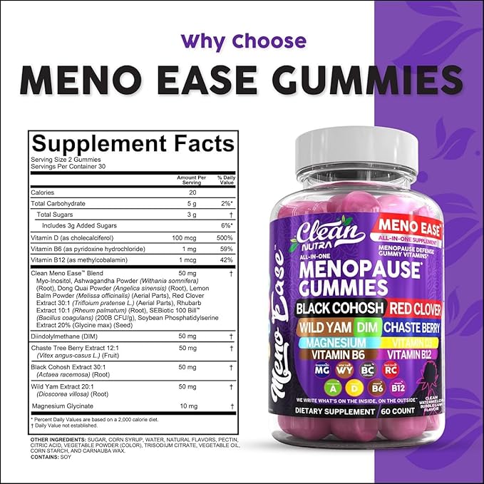 Menopause Supplement For Women Gummies with Black Cohosh, Wild Yam Magnesium, Red Clover For Menopause Relief Hormone Balance Night Sweats Mood Plus Bergamot, Vitamin D3, Vitamin B12, Vitamin B6 Clean