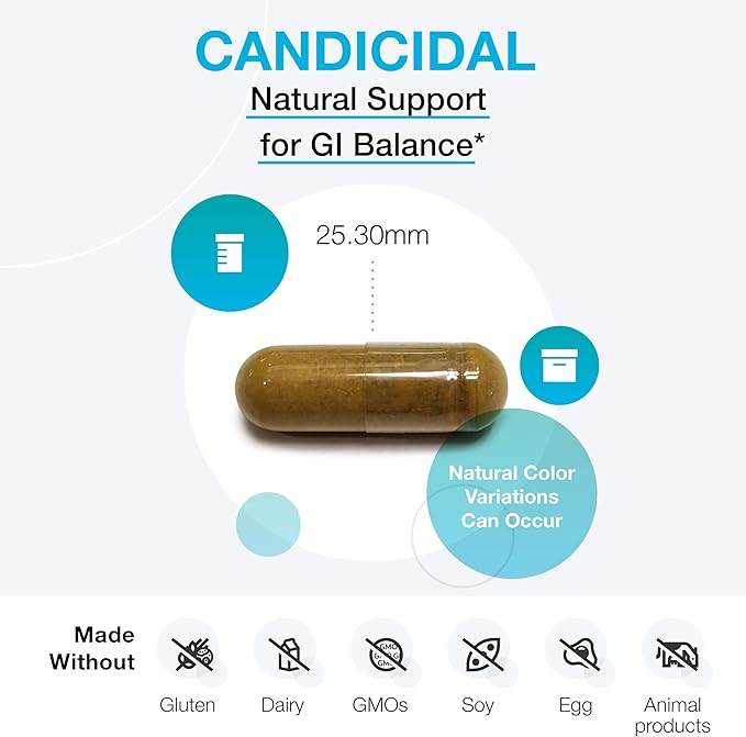 XYMOGEN Candicidal - Natural Support for Healthy Microbial Balance and GI Health - Oregano Extract, Sodium Caprylate, Ginger + Turmeric Extract, Olive Leaf Extract (60 Capsules)