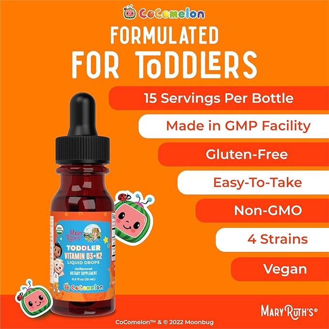 MaryRuth Organics CoComelon Vitamin D3 K2 Liquid Drops for Toddlers | Vitamin K2 D3 Supplement for Kids Ages 1-3 | Calcium Absorption | Strong Bones | USDA Organic | Sugar Free | 15 mL