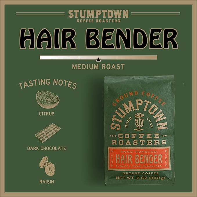 Stumptown Coffee Roasters, Medium Roast Ground Coffee - Hair Bender 12 Ounce Bag, Flavor Notes of Citrus and Dark Chocolate (Pack of 3)