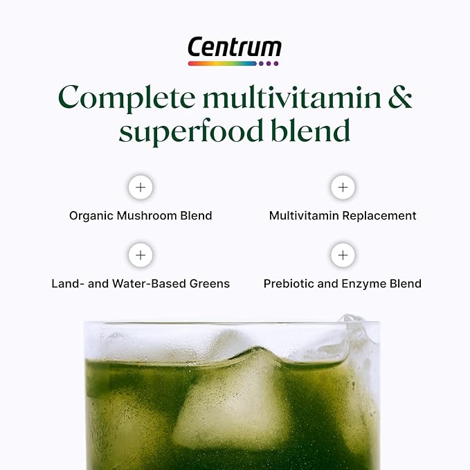 Centrum Supergreens - Superfood Powder & Multivitamin for Adults – Greens Powder with Spirulina, Mushroom, Prebiotics & Enzyme Blend – 30-Day Supply