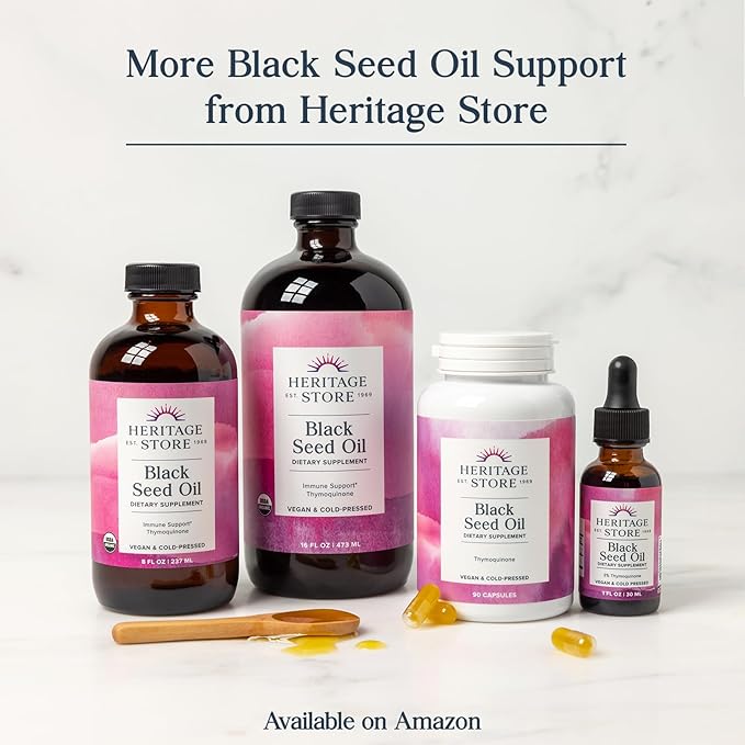 HERITAGE STORE Black Seed Oil, Organic, Cold Pressed Nigella Sativa Supplement with Thymoquinone, Omega 3 6 9, Antioxidant, Immunity, Cholesterol, Digestive, Heart & Join Health Support*, Vegan, 8oz